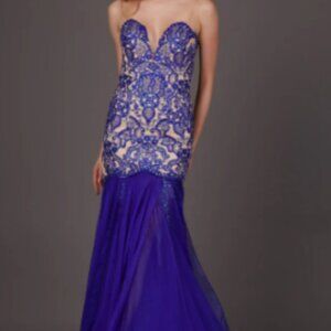 NWT Angela & Alison Beaded Fitted Evening Dress Prom Pageant Royal Blue Nude